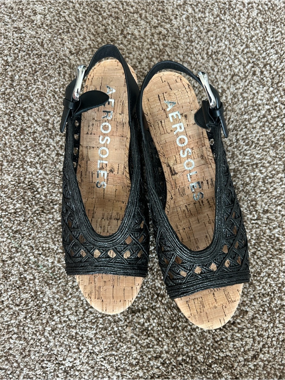 AEROSOLES Black Woven Peep-Toe Wedge Sandals with Ankle Buckle